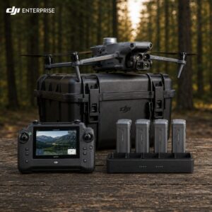 Hog and Predator Kit Deluxe – DJI Matrice 4T thermal drone on hard case with RC Plus 2 controller and four flight batteries on charging hub
