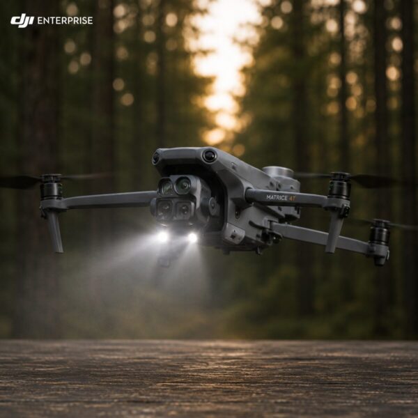 DJI Matrice 4T enterprise thermal drone flying at night with spotlights on